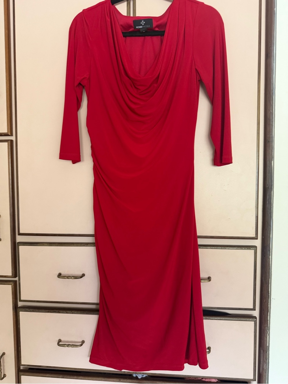 Ronni Nicole Red Midi Dress with Draped Cowl Neck